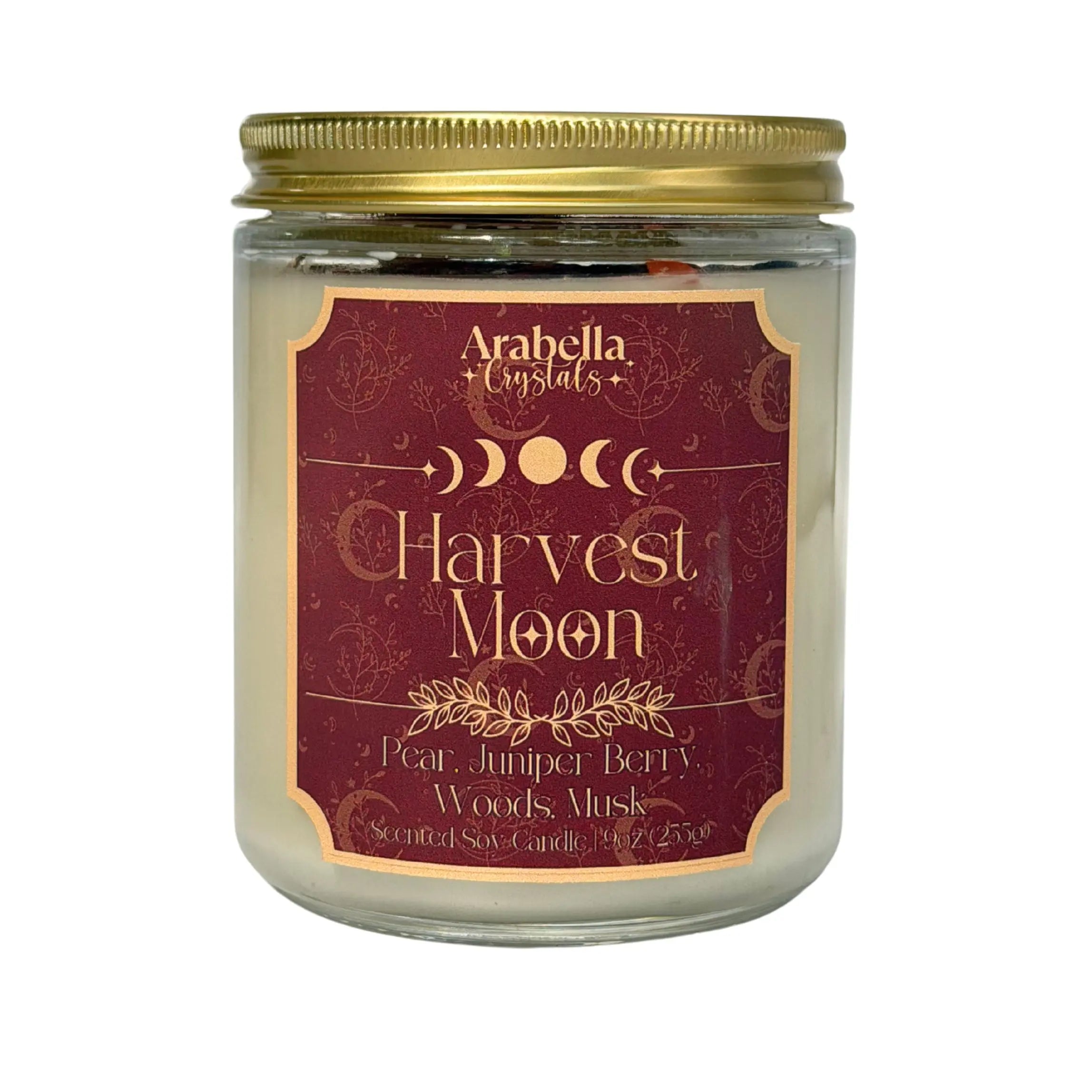 Harvest Moon Crystal Infused Soy Candle Notes of: Pear, Juniper Berry and Woods