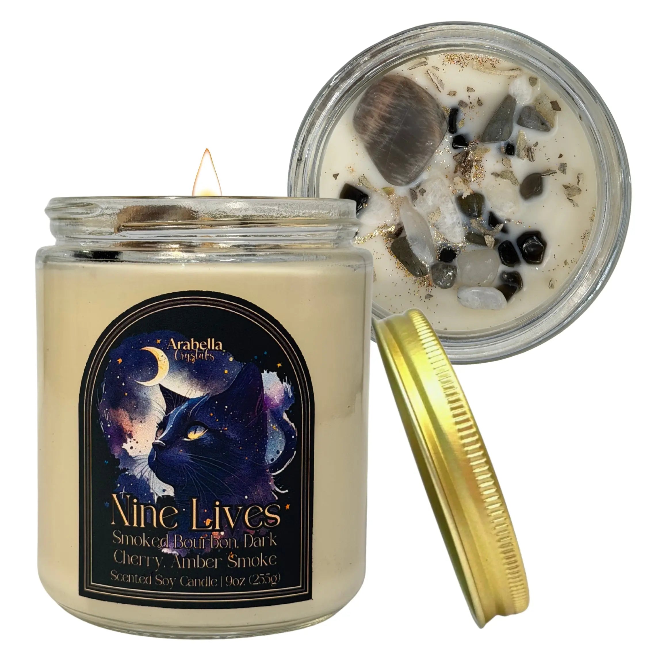 Nine Lives Crystal Infused Soy Candle Notes of: Blood Orange, Bourbon and Oakwood