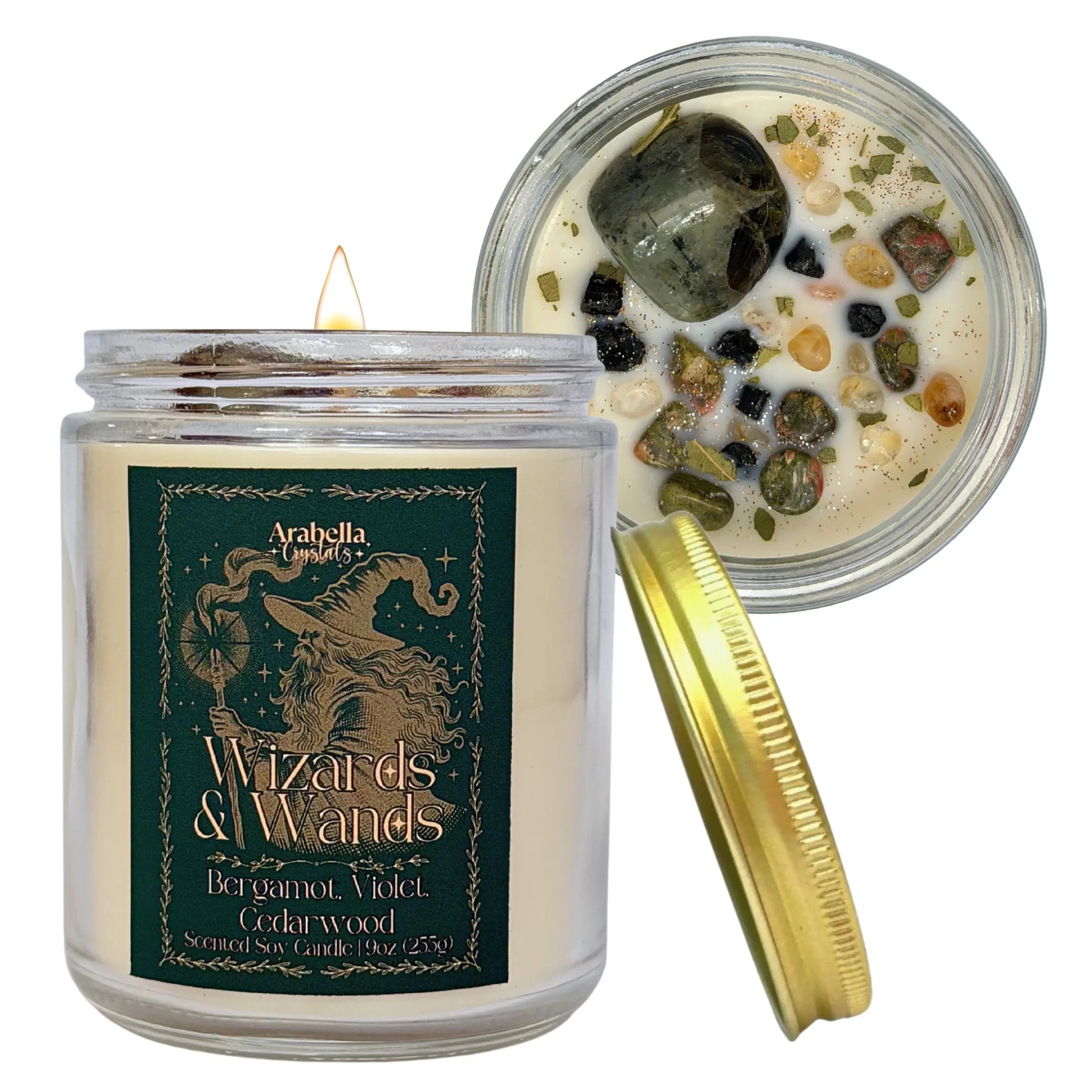 Wizards and Wands Crystal Infused Soy Candle Notes of: Bergamot, Violet and Cedarwood