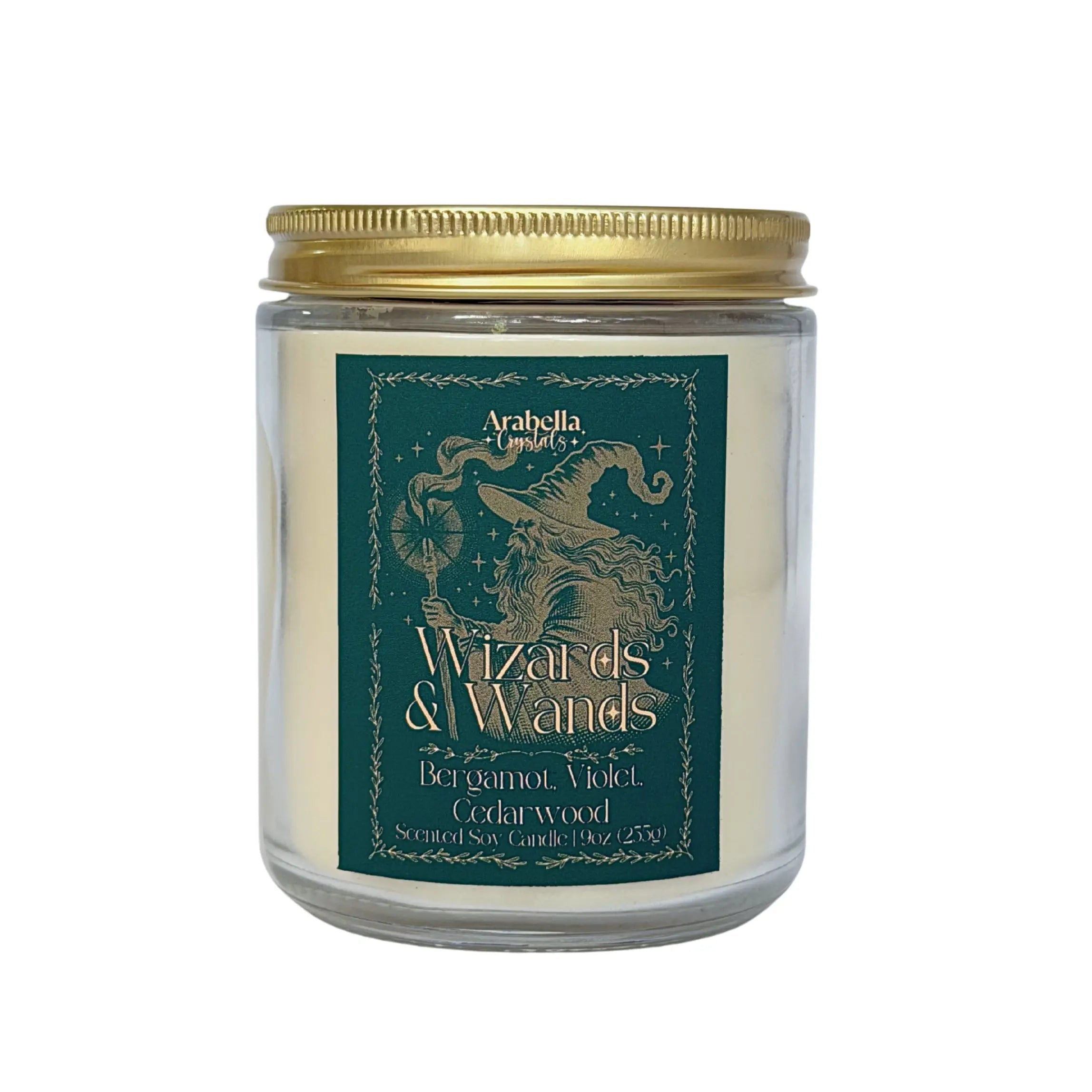 Wizards and Wands Crystal Infused Soy Candle Notes of: Bergamot, Violet and Cedarwood