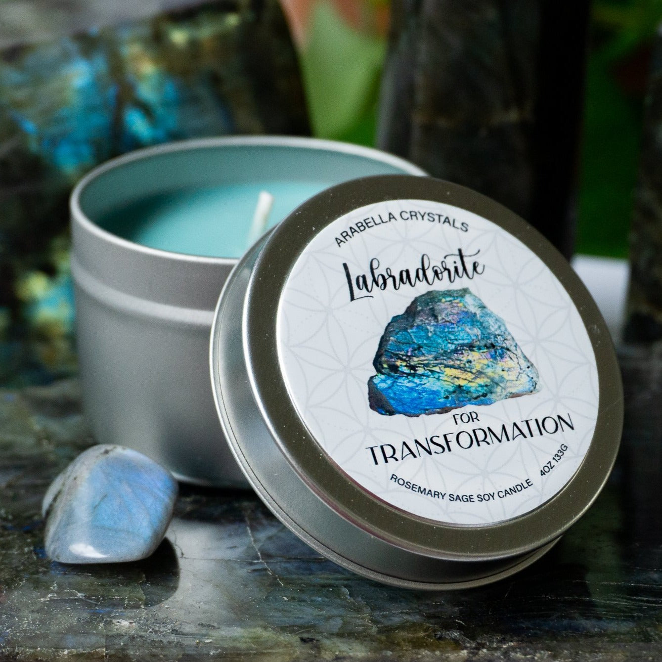 Labradorite Crystal Candle Tin