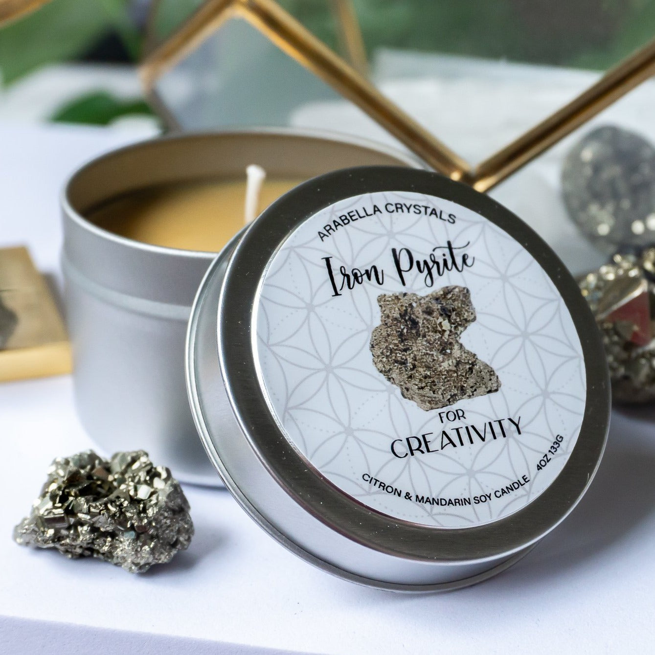 Iron Pyrite Crystal Candle Tin