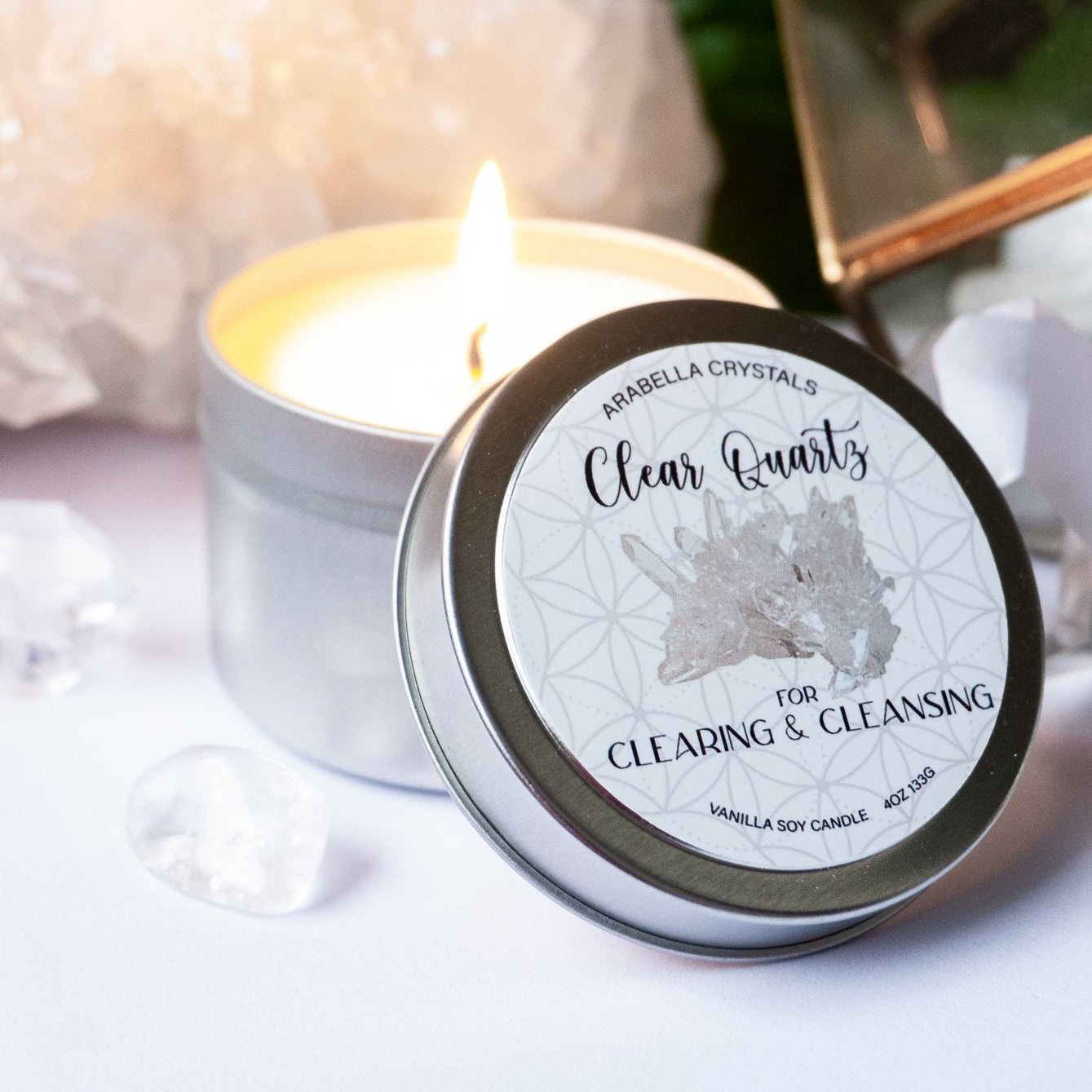 Clear Quartz Crystal Candle Tin